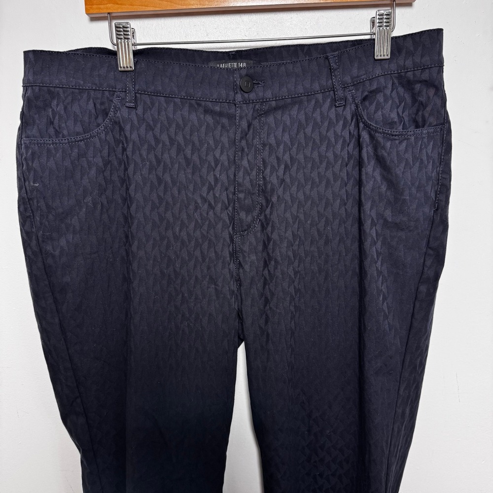 Lafayette 148 Thompson Pants Womens 14 Navy Blue Geometric Jacquard Slim Leg - Picture 2 of 6